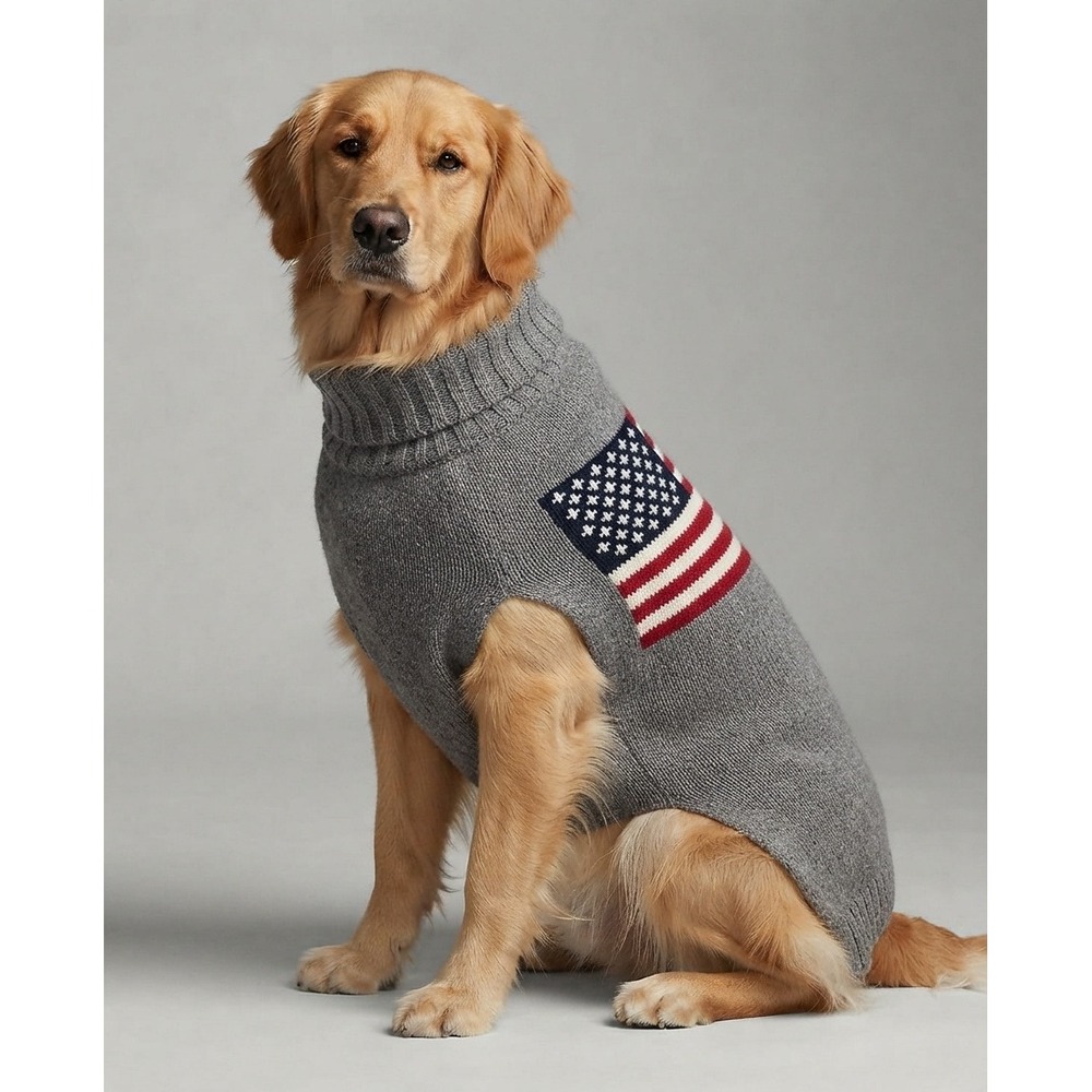 Chilly Dog American Flag Wool Dog Sweater Grey Hand Knit Large Pet Apparel